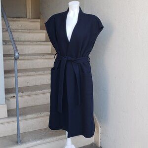 belted navy blue wool maxi vest